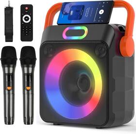 C02-orange-001 Juopiea Karaoke Machine With 2 Wireless Microphones Orange Handle