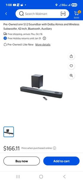 Onn 195925475825 Pre-owned New - Onn. 5.1.2 Soundbar With Dolby Atmos And Wireless Subwoofer 42 Inch
