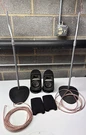 2 Klipsch Black Satellite QUIN3BK + Sanus Systems Stands Metal. Fixed Price $85.00.