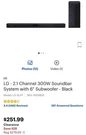 Lg SJ4Y 2.1-CHANNEL Audio Soundbar System With Subwoofer 300W Black. Fixed Price $80.00.