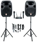 Rockville RPG122K 12" Powered Speakers W/bluetooth+dual Uhf Wireless Mics+stands. Fixed Price $374.95.